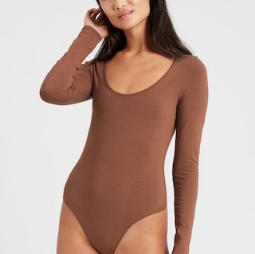 Scoop-Neck Thong Bodysuit true hues 180 long sleeve brown top banana republic
